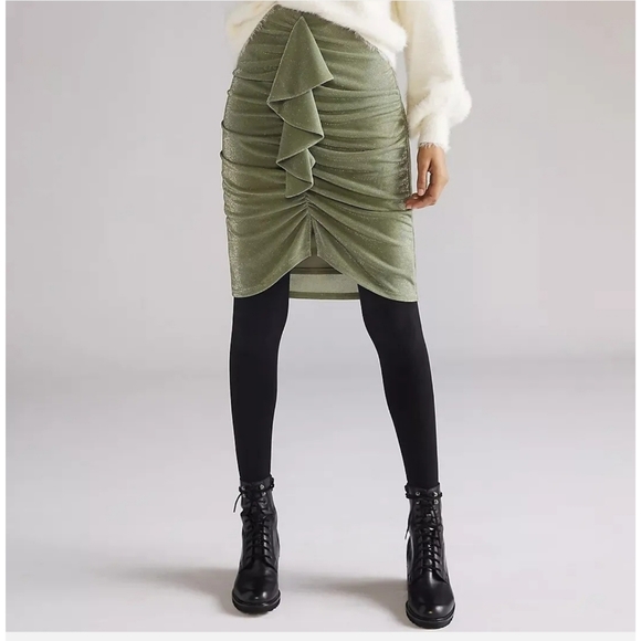 Anthropologie x Mare Mare Ruched Ruffled Mini Skirt Moss - Picture 4 of 7